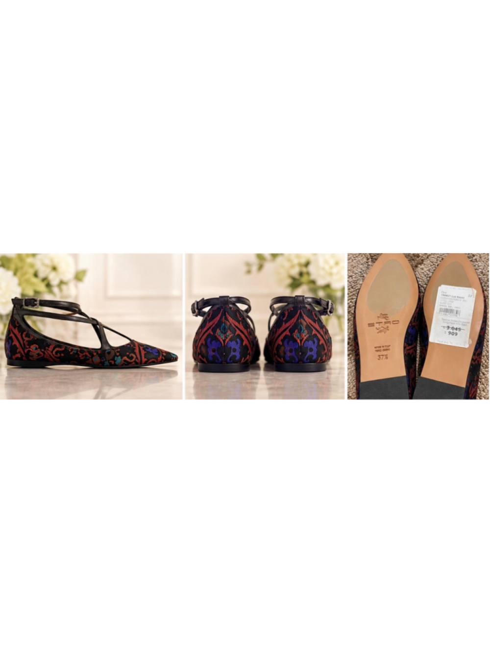 Etro Pointed Toe Flats Size 37.5/7.5 Black Multi-color Paisley Patterned Shoes - Picture 3 of 6